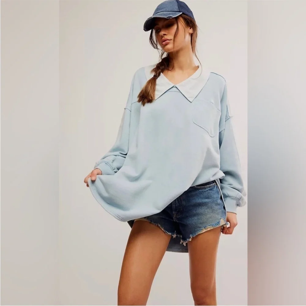 NWOT Free People Madeline Sweatshirt Pullover Oversized Slouchy Blue Size XS